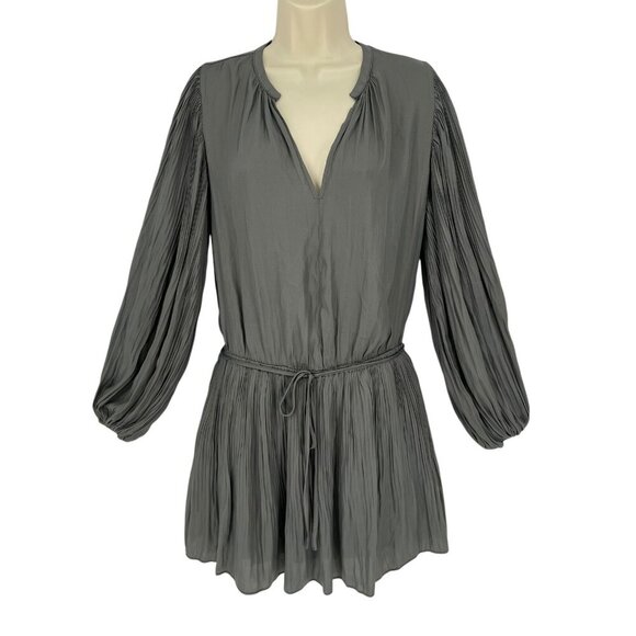 Mustard Seed Women's Mini Dress Pleated Gray Balloon L/S Belted Size S‎ NWT - Picture 1 of 15